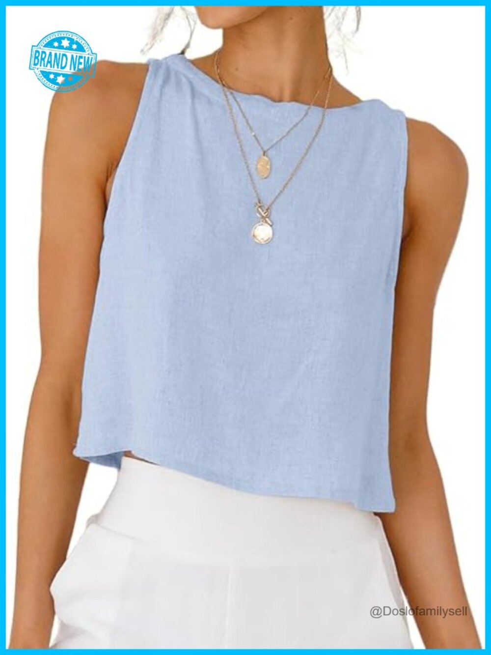 Linen Blend Crop Tank Top Sleeveless High Neck Button Down Back Casual Summer
